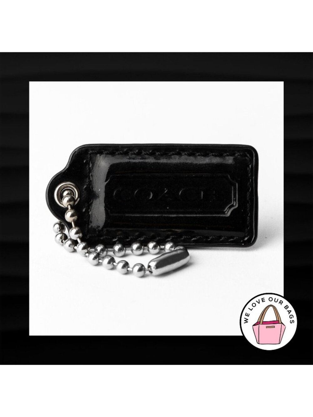 2" Medium COACH BLACK PATENT LEATHER KEY FOB BAG CHARM KEYCHAIN HANGTAG TAG